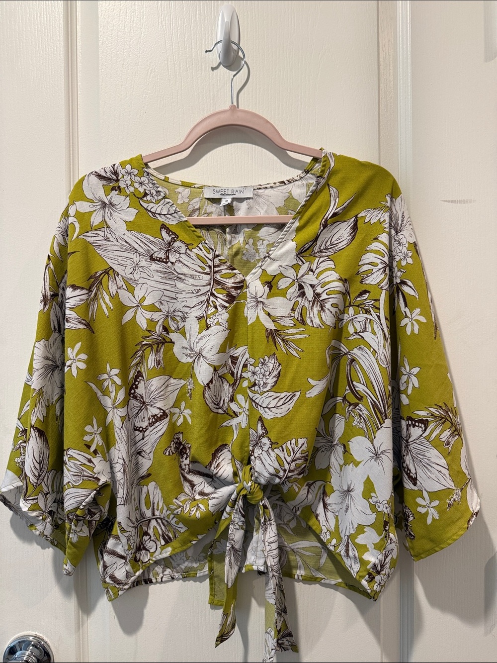 Sweet Rain Olive Green Floral Tie-Front Top